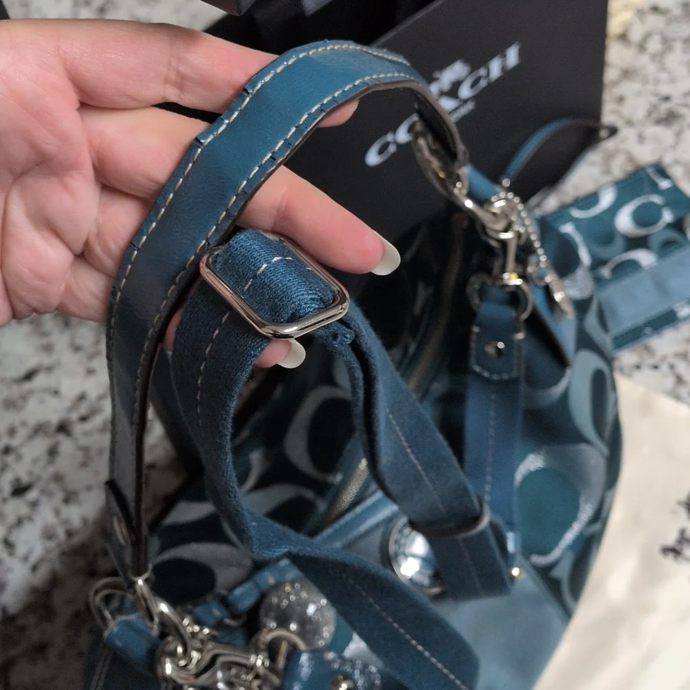 ✨ SOLD✨Coach SET Signature Jacquard Teal Metallic Stripe Hobo Wristlet Wallet - Picture 7 of 12